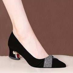 Women's Rhinestone Mid Heeled Pumps Pointed Toe Slip On Chunky Heels
