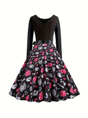  Colorblock Skull Print Long Sleeve Dress