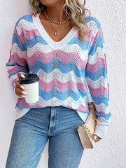  Wavy Stripe Print Long Sleeve V Neck Sweater