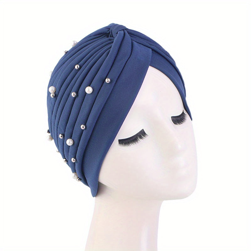 Faux Pearl Decor Turban Pleated Chemo Cap Hat