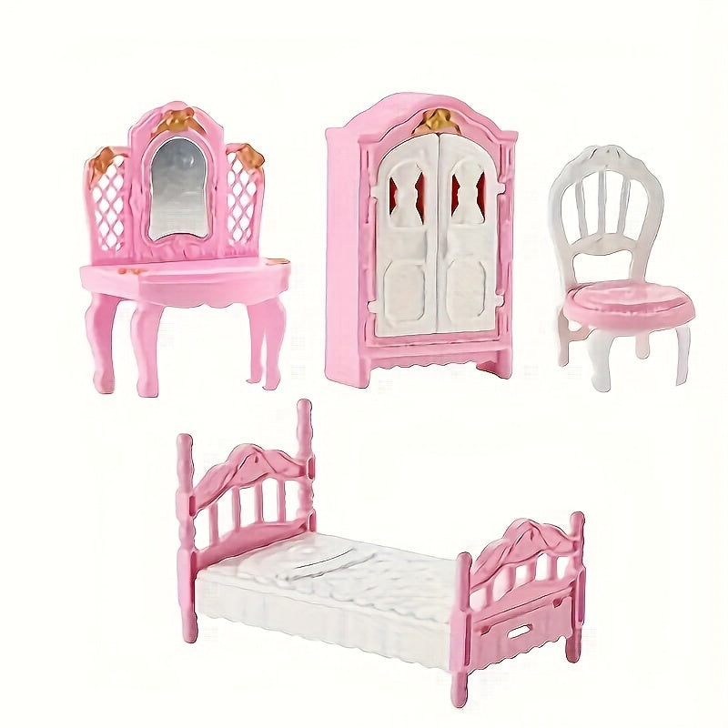 Pink Dollhouse Furniture Set for Kids - 3 Room Miniature Playhouse