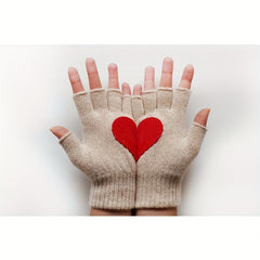 Khaki Half Finger Gloves Heart Patch Warmer Knit Gloves