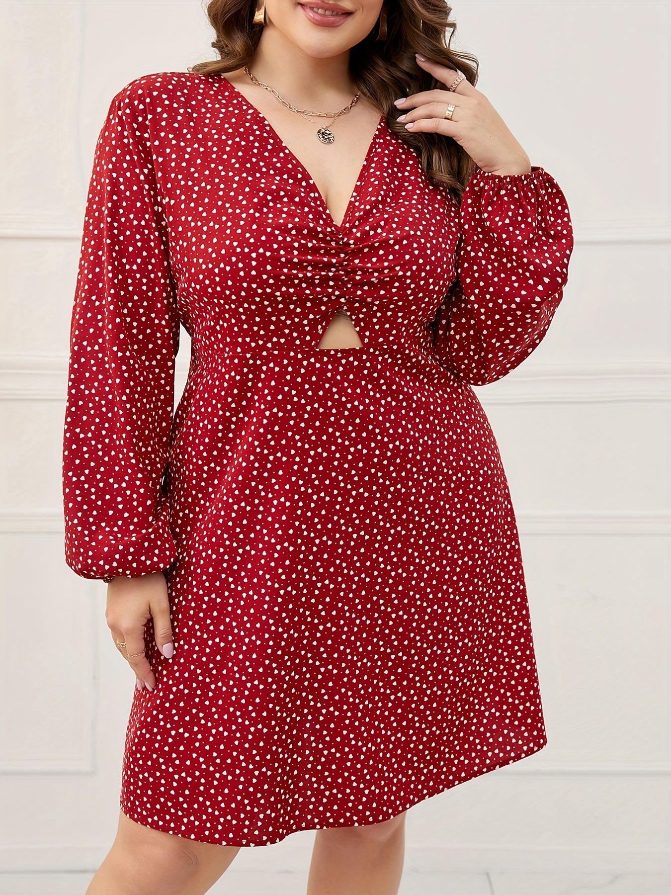  Heart Print Lantern Sleeve Dress