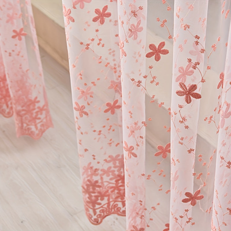 1pc Flower Embroidered Sheer Curtain French Vintage Voile Farmhouse Transparent