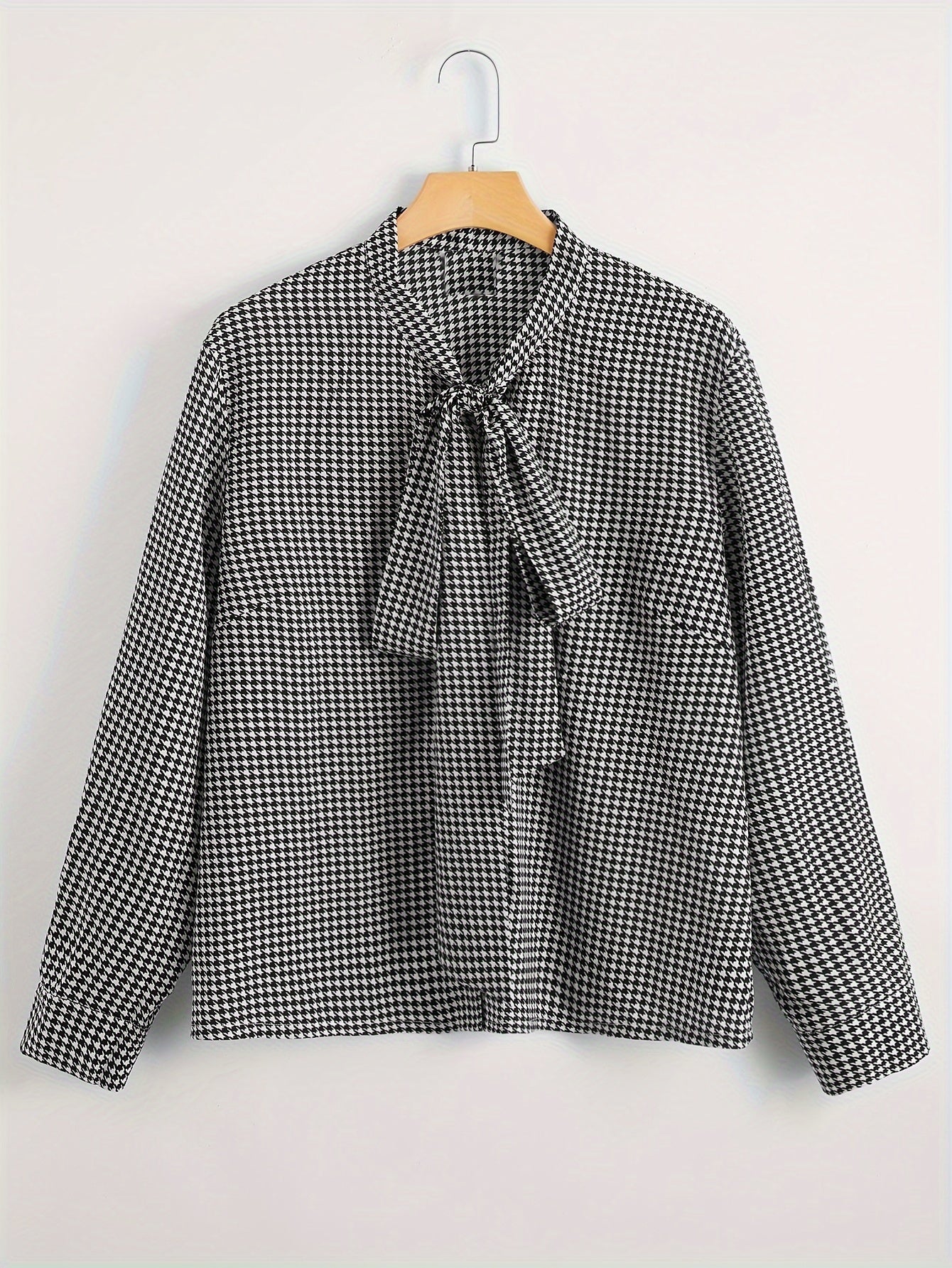  Houndstooth Print Bow Knot Blouse Long Sleeve Top