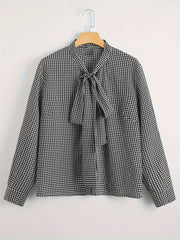  Houndstooth Print Bow Knot Blouse Long Sleeve Top