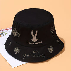 Rabbit Embroidered Bucket Hat - Sunshade Fisherman Cap for Women