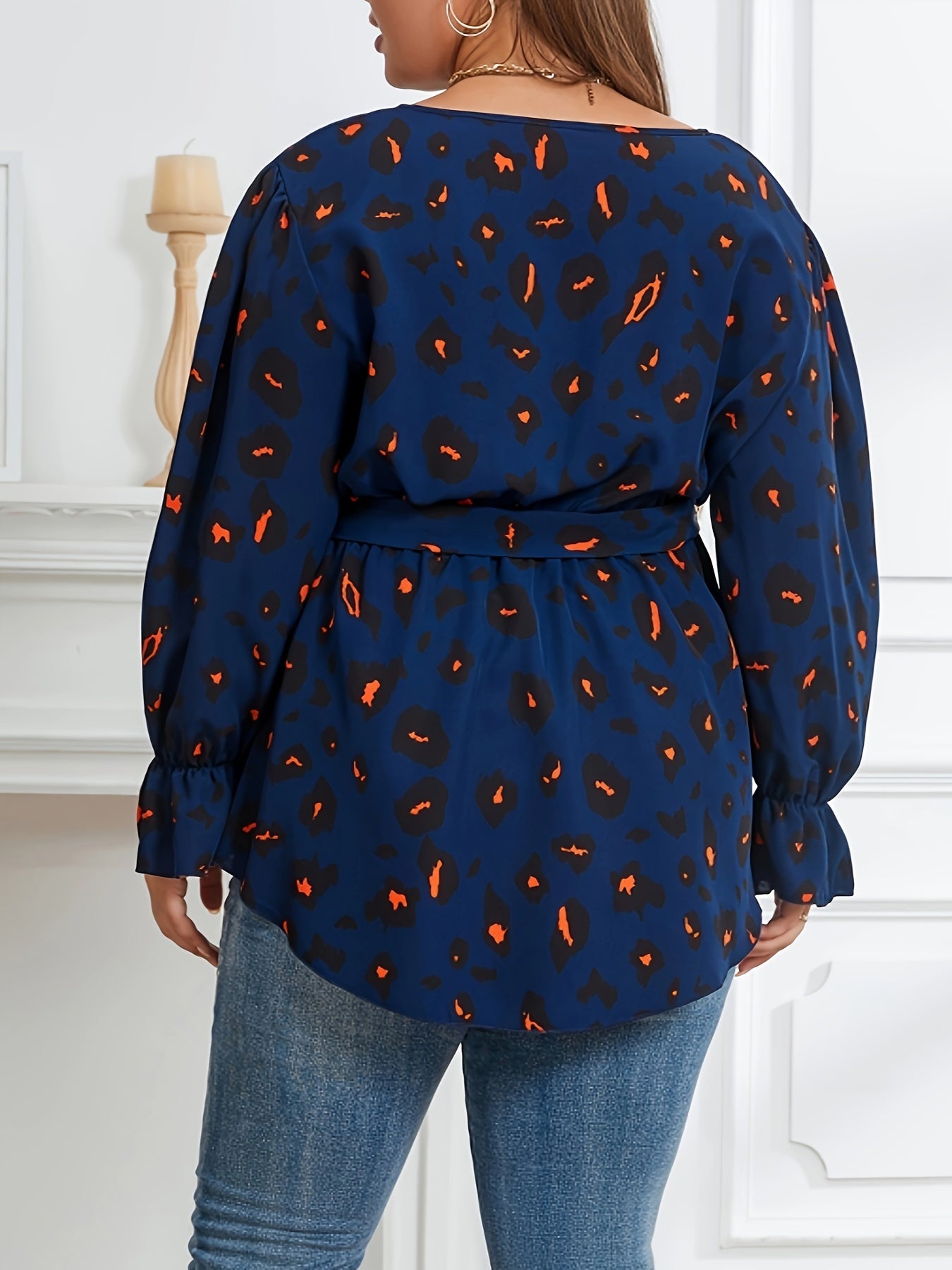  Leopard Print Lantern Sleeve Blouse with Belt