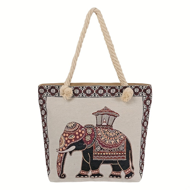 Ethnic Style Elephant Pattern Tote Bag Vintage Large Capacity Beach Bag