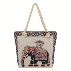 Ethnic Style Elephant Pattern Tote Bag Vintage Large Capacity Beach Bag
