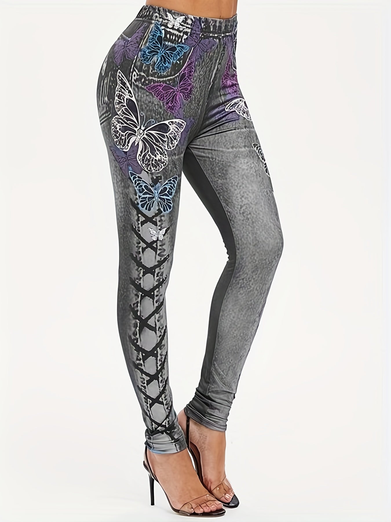  Butterfly & Denim Print High Rise Leggings