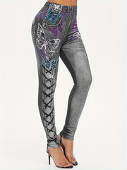  Butterfly & Denim Print High Rise Leggings