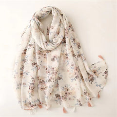 Beige Floral Print Scarf Tassel Shawl Women Outdoor Sunscreen Head Wrap