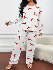  Christmas Casual Pajama Set Elk Print Tee & Pants 2 Piece