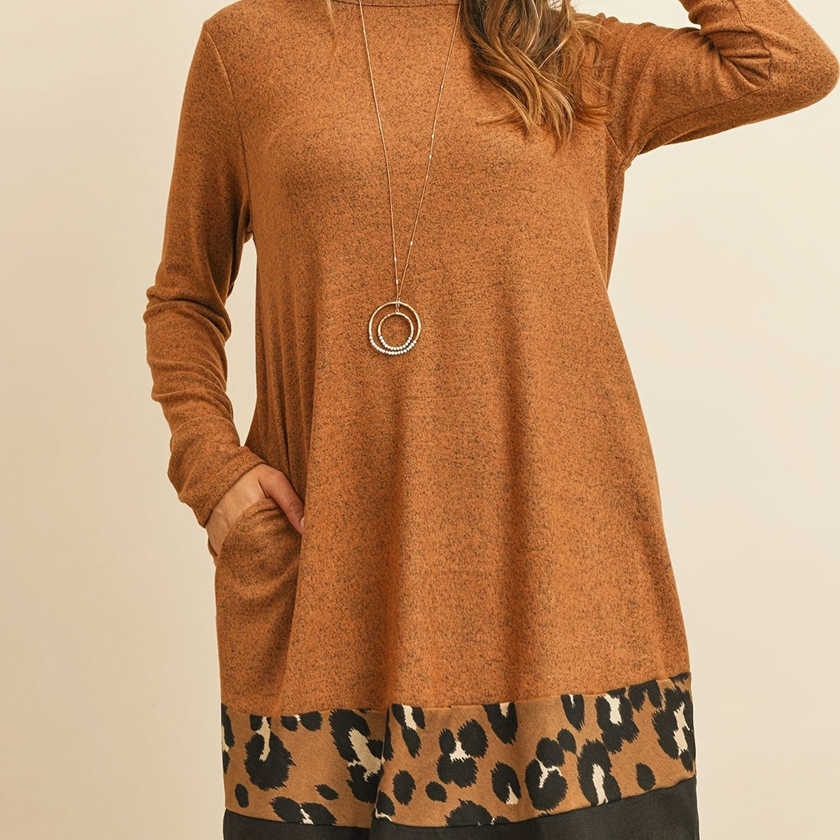 Leopard Print Splicing Dress Long Sleeve Mini Dress Women's Clothing