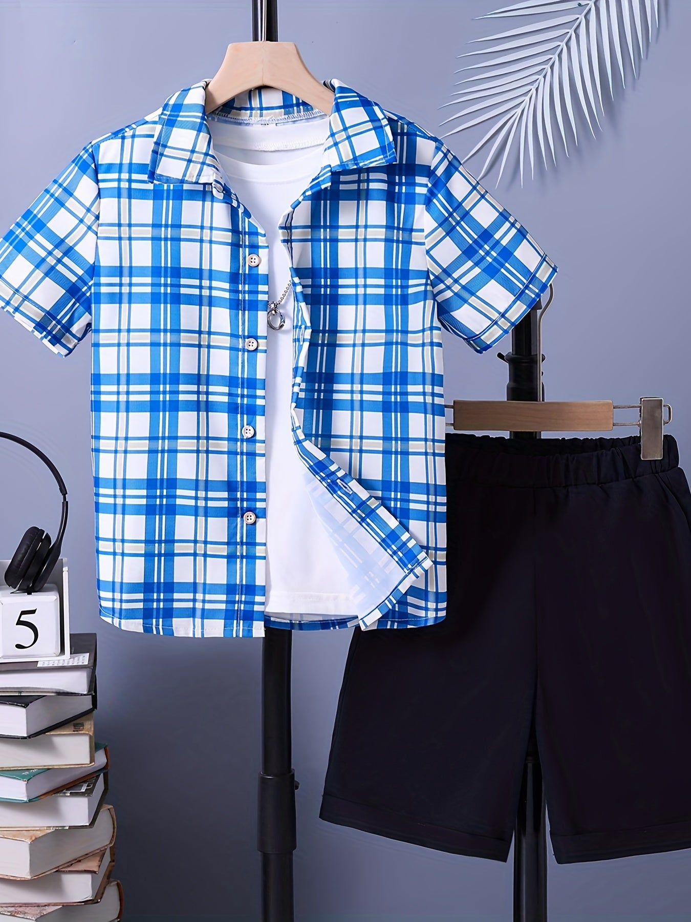 2pcs Boys Casual Plaid Short Sleeve Shirt&Shorts Set Kids Summer Clothing