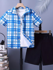 2pcs Boys Casual Plaid Short Sleeve Shirt&Shorts Set Kids Summer Clothing