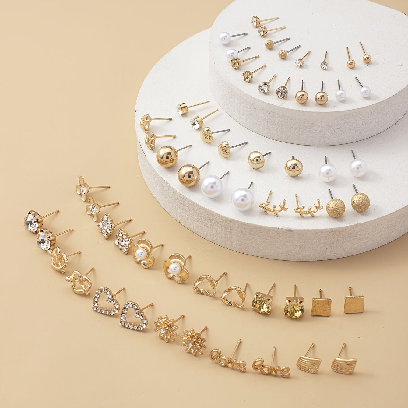 Heart Rhinestone Stud Earrings Set - 30 Pairs