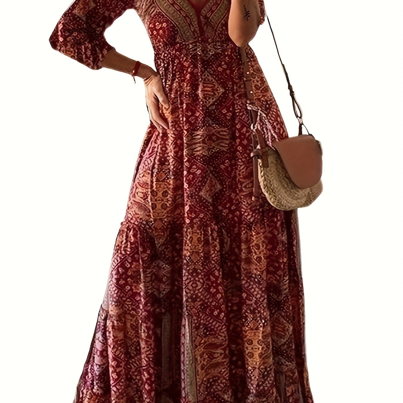  Boho Dress Paisley Print Long Sleeve Maxi Dress