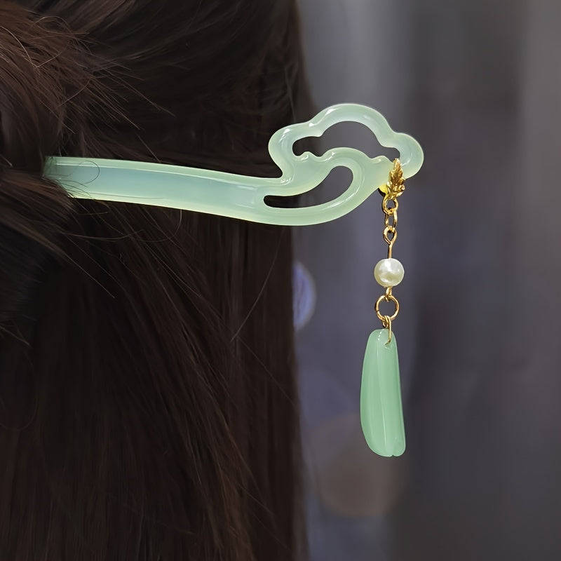 Vintage Chinese Hanfu Flower Tassel Hair Pin Acetate Jade Hairpin