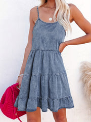 Ruffle Round Neck Denim Dress Casual Women's Denim Clothing