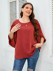  Ruffle Trim Long Sleeve Top Women's Plus Round Neck T-Shirt