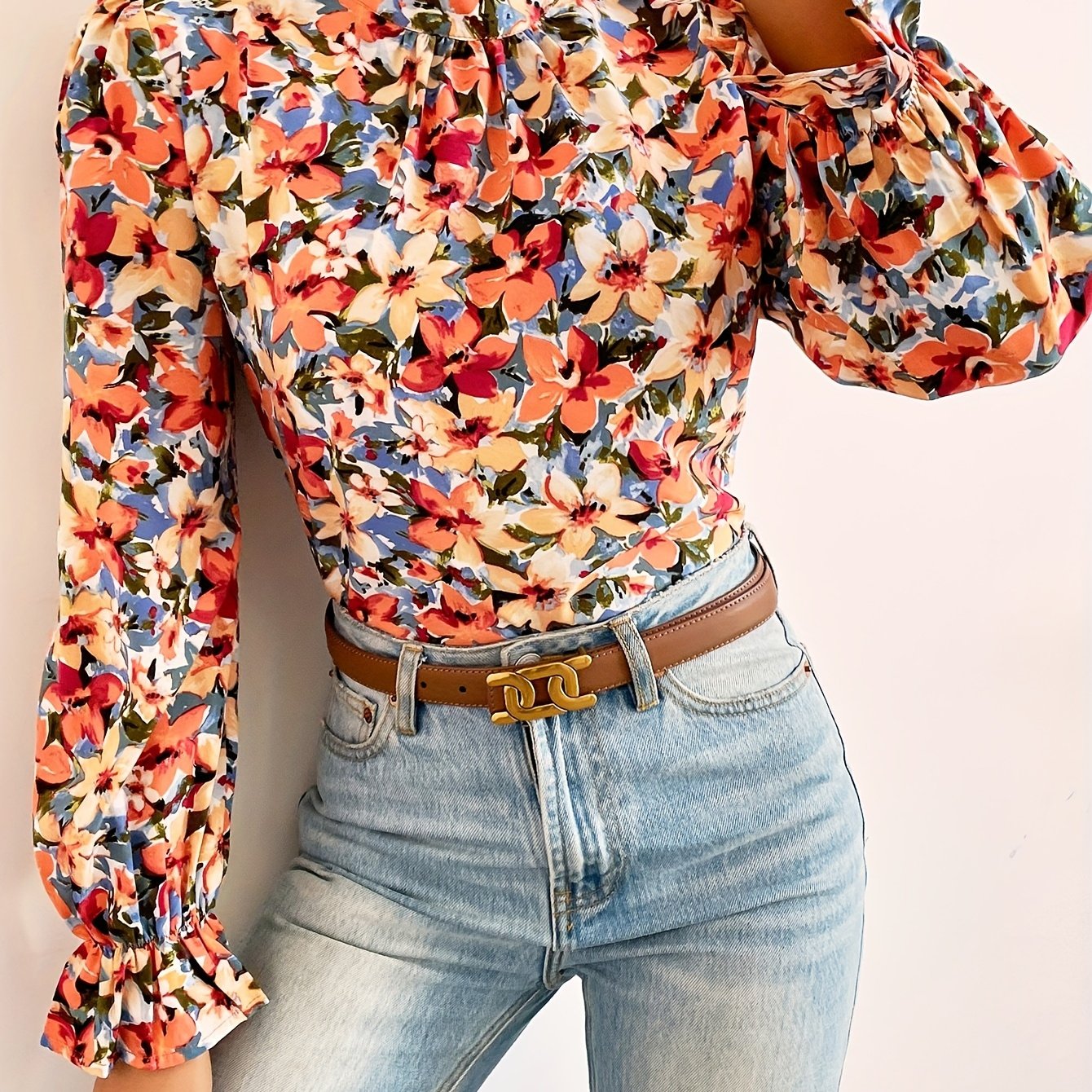  Floral Print Lantern Sleeve Mock Neck Top