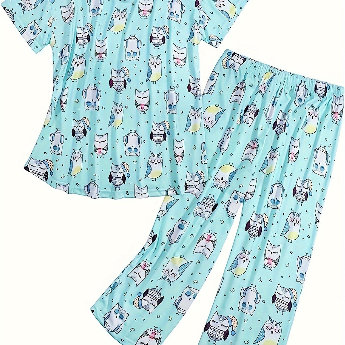 Cartoon Owl Print Pajama Set Short Sleeve V Neck Top & Elastic Waistband Pants