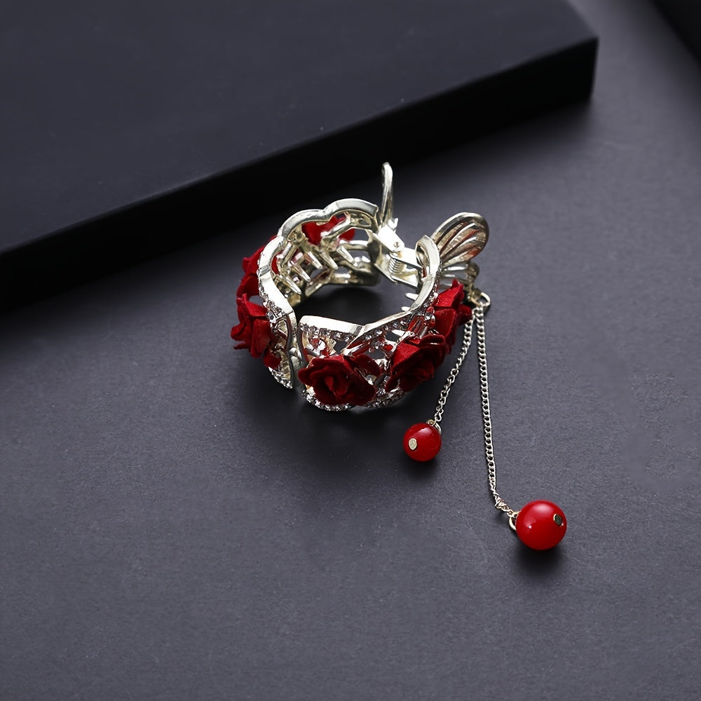 Chinese Style Rose Hair Clip Alloy Hairpin Decorated With Rhinestones Tassel