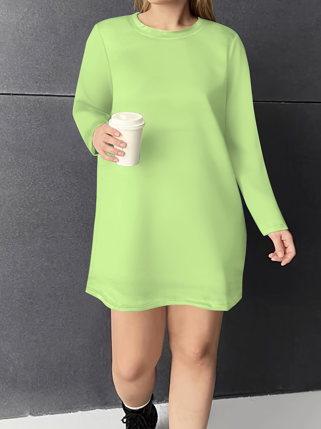  Solid Long Sleeve Round Neck Tee Dress