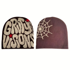 Unisex Reversible Spider Web Letter Jacquard Beanie Y2K Knit Hat