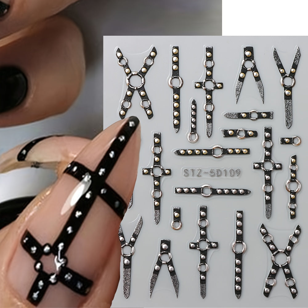 5D Gothic Skull Cross Nail Decals with Glitter Finish