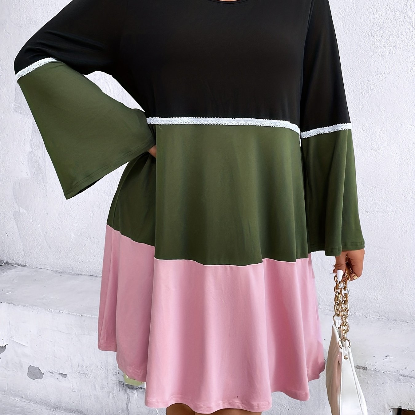 Women's Plus Casual Dress Colorblock Lace Bell Sleeve