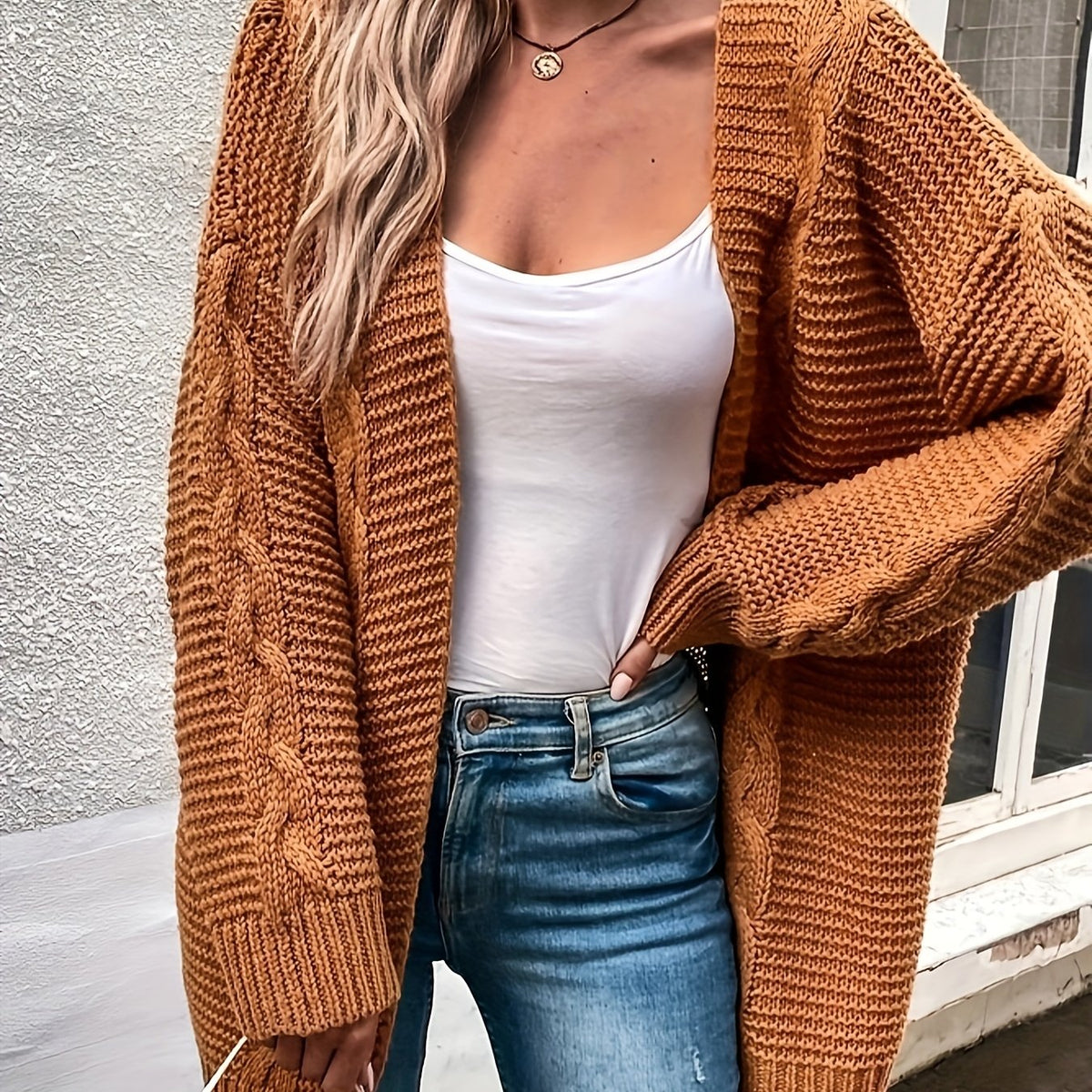  Solid Jacquard Long Sleeve Cardigan