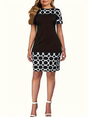  Colorblock Circle Print Short Sleeve Round Neck Dress