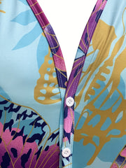  Butterfly Print V Neck Long Sleeve Jumpsuit