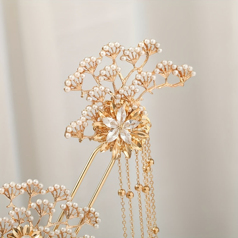 Alloy Leaf Pearl Hair Comb Crystal Inlaid Bridal Insert Comb
