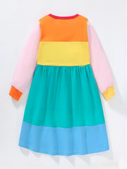 Girls Rainbow Block Long Sleeve Princess Dress