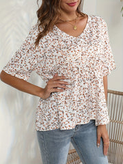  Ditsy Print Short Sleeve V Neck Peplum Blouse