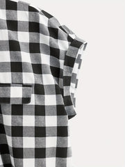  Gingham Print Button Up Bat Sleeve Blouse