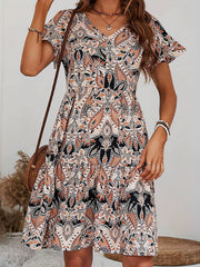  Boho Dress Women's Plus Paisley Print Flare Sleeve V Neck Knee Length