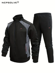 Men's Sports Suit Solid Block Stand Collar Zip Up Jacket & Stretch Waist Pants