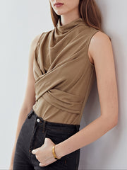 Ruched Tank Top Funnel Neck Sleeveless