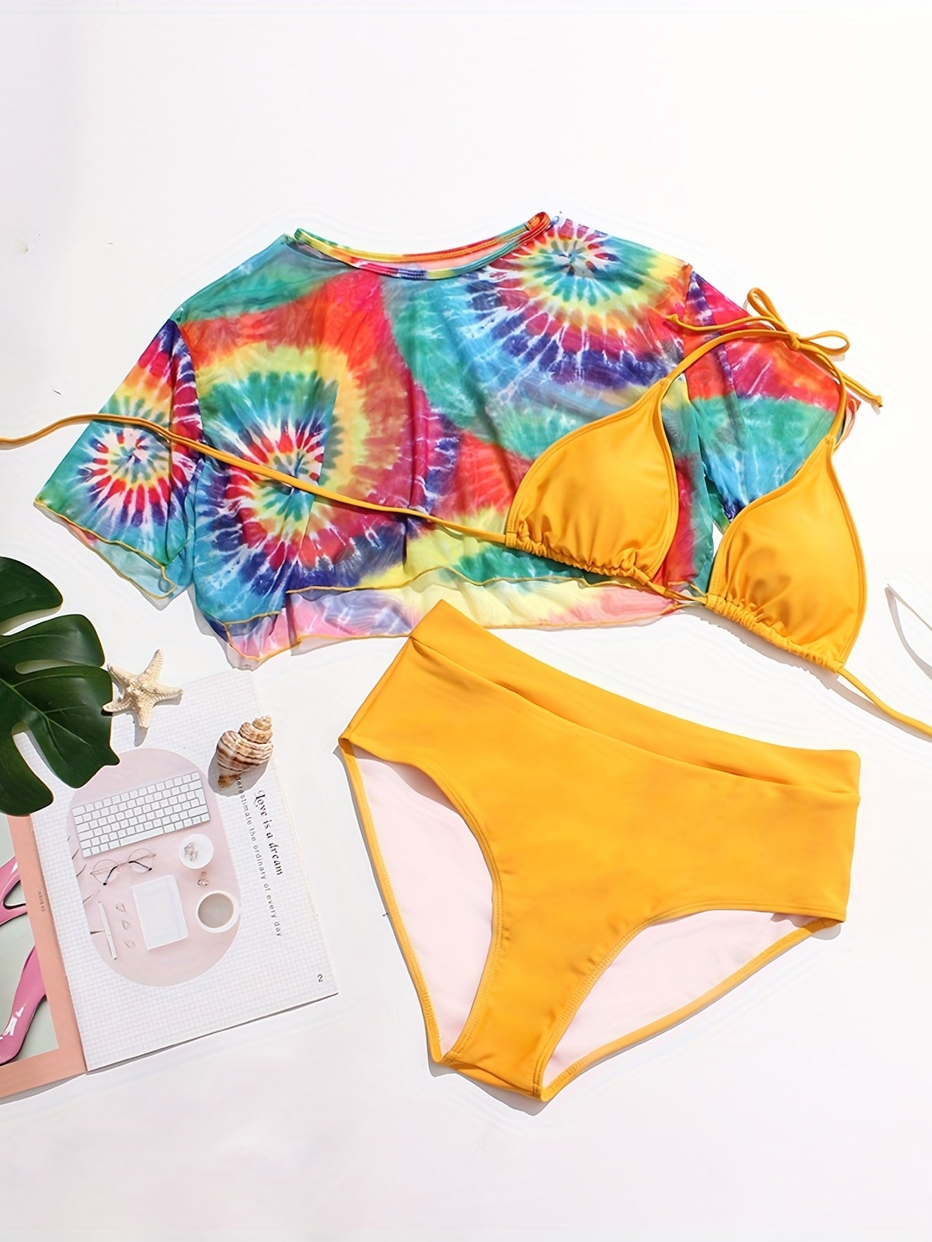  Rainbow Tie Dye Mesh Crop Top & Panties & Bra Swimsuit Set