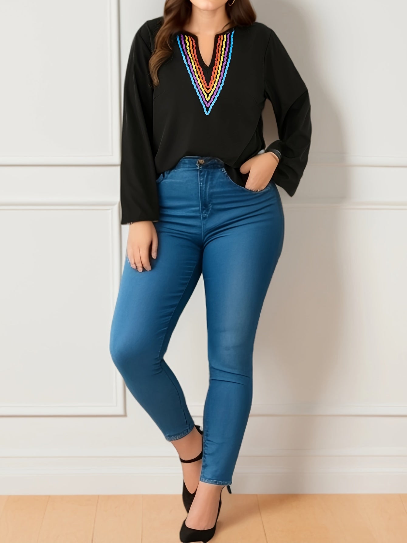  Colorblock Stripe Print Long Sleeve Blouse