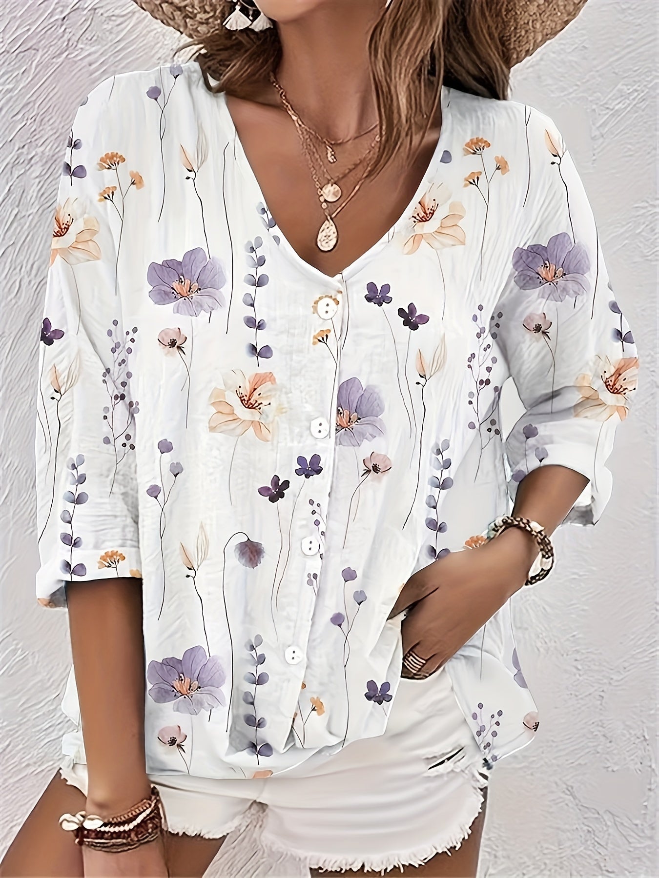 Floral Print Button Up V Neck Top Plus Size