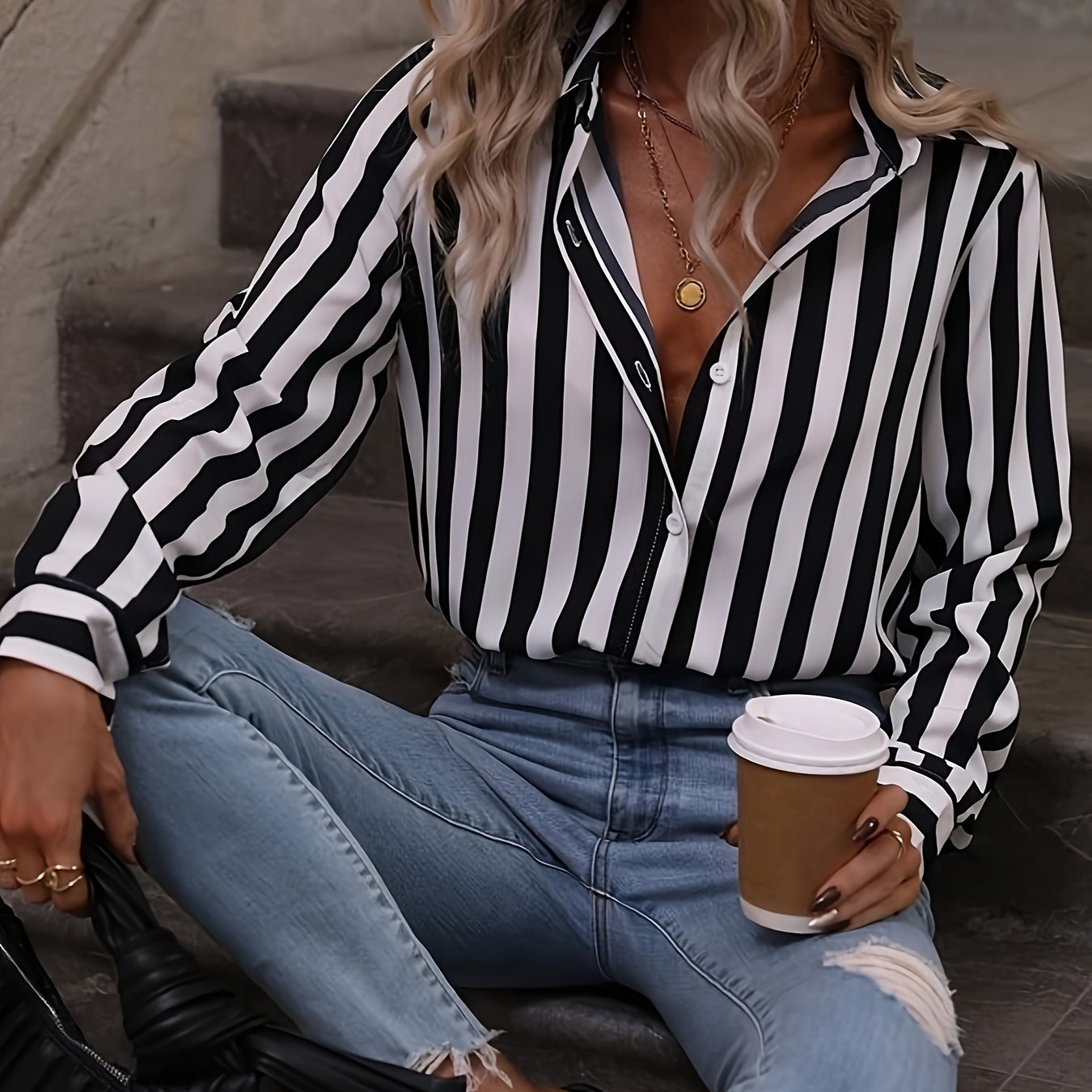 Stripe Print Long Sleeve Button Up Collar Shirt