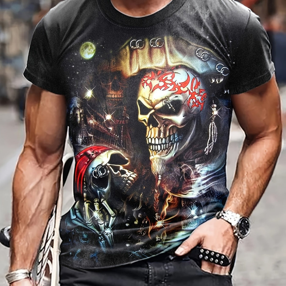 Skull 3D Pattern Print Men's Short Sleeve T-shirt Graphic Tee