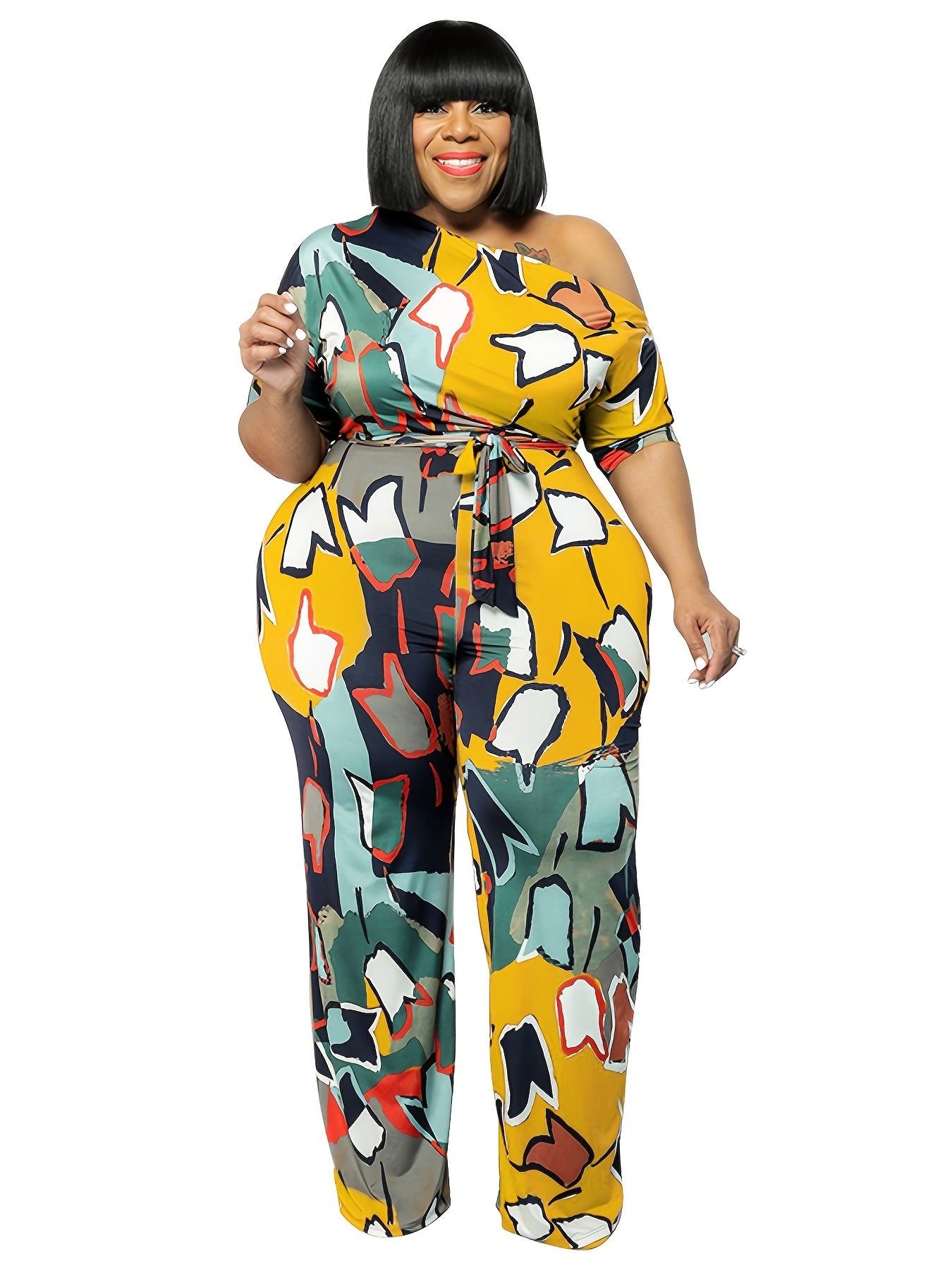  Graphic Print One Off Shoulder Jumpsuit