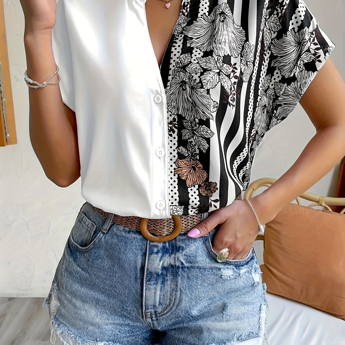  Colorblock Floral Print Blouse
